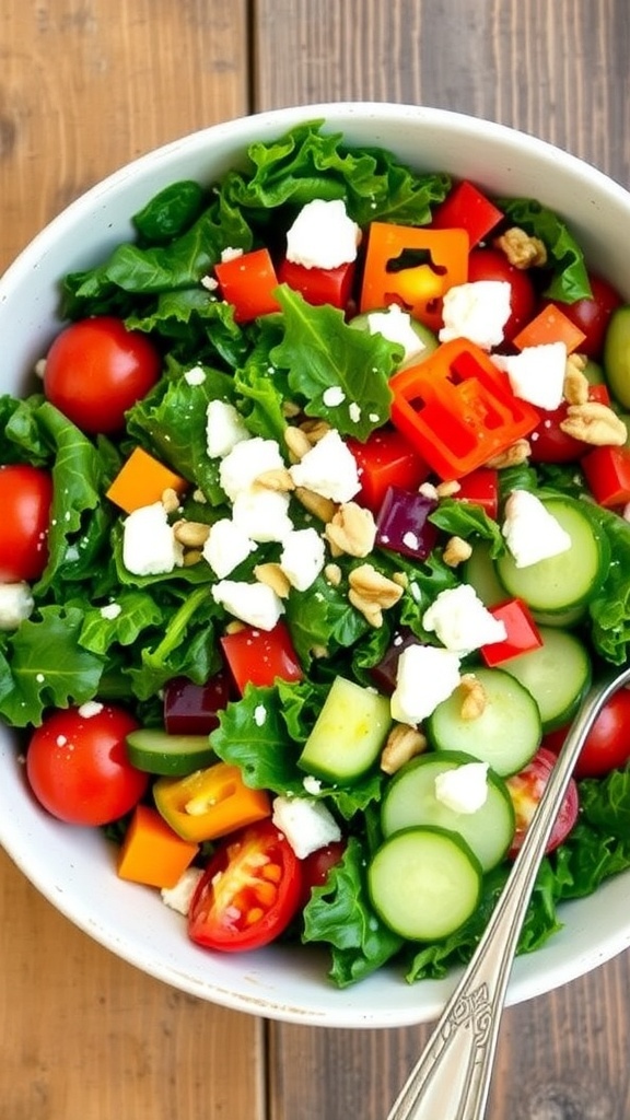 A colorful kale salad bowl with tomatoes, cucumbers, bell peppers, feta cheese, and nuts on a wooden table.